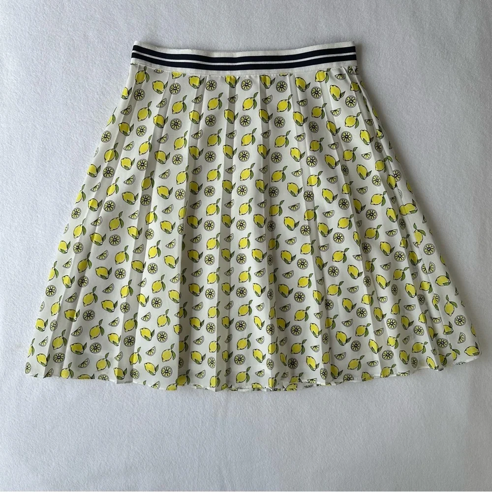 J.Crew Lemon Pattern Pleated Skirt‎ Preppy Summer White Lined Women’s Size 00